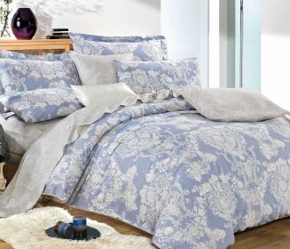 Lauren Damask 100% Cotton 3 Pcs Comforter Set (Color: Blue, size: QUEEN)