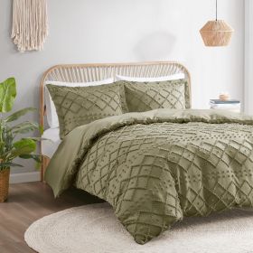 Duvet Cover Full/Queen Size, Boho Tufted Microfiber Bedding Set for All Seasons, Embroidery Shabby Chic Comforter Covers (Color: Olive Green, size: Full Queen)